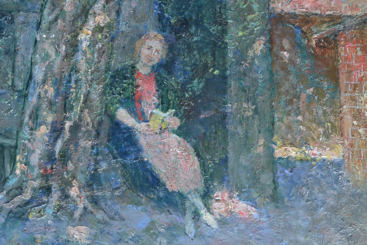 Emile Brunet  "woman Under A Tree" Oil On Cardboard  44x34-photo-3